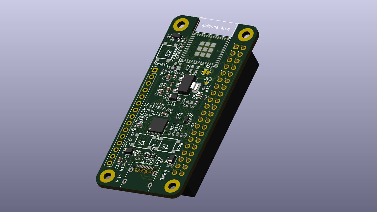 KiCad 3D render of the ESP32-C6 HAT, a Pi Zero sized board with the ESP32-C6-MINI-1 module, its antenna area and the 40-pin header.