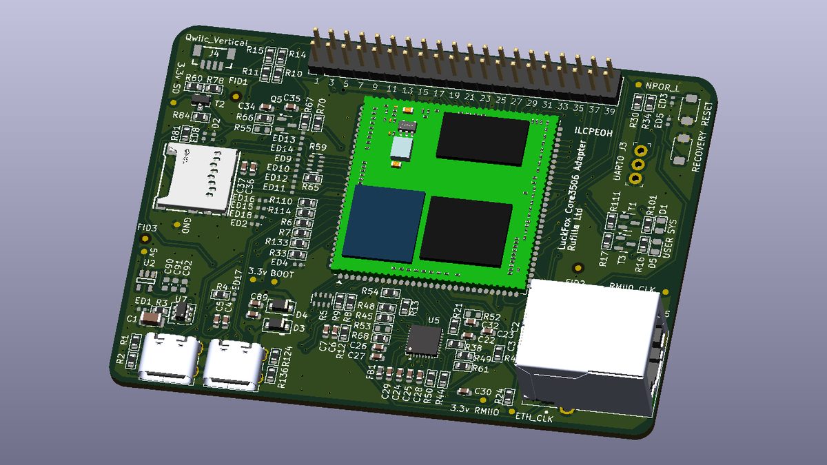 KiCad 3D render of the Foxbridge carrier board with the Core3506 module fitted, showing the 40-pin header, Ethernet jack and two USB-C ports.